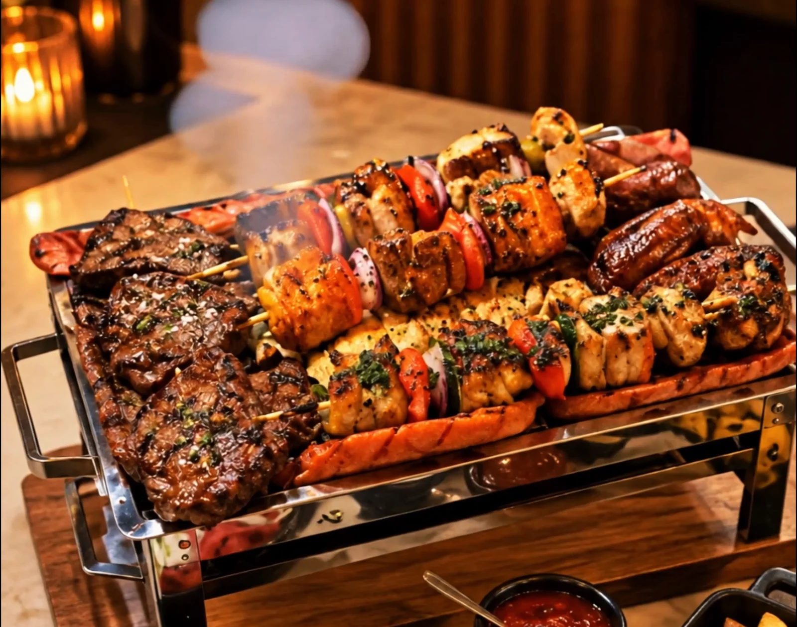 Parrilla mixta humeante con brochetas, carnes y chorizos en Pícalos